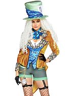 Female Mad Hatter, top and shorts costume, brocade, velvet
